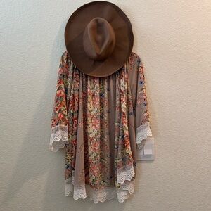 Boho Polyester Blend Brown With Red/Blue /Yellow Florals & Lace Trim Kimono